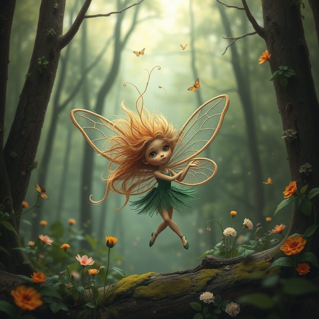 Whimsical Fairy with Wild Hair in Forest