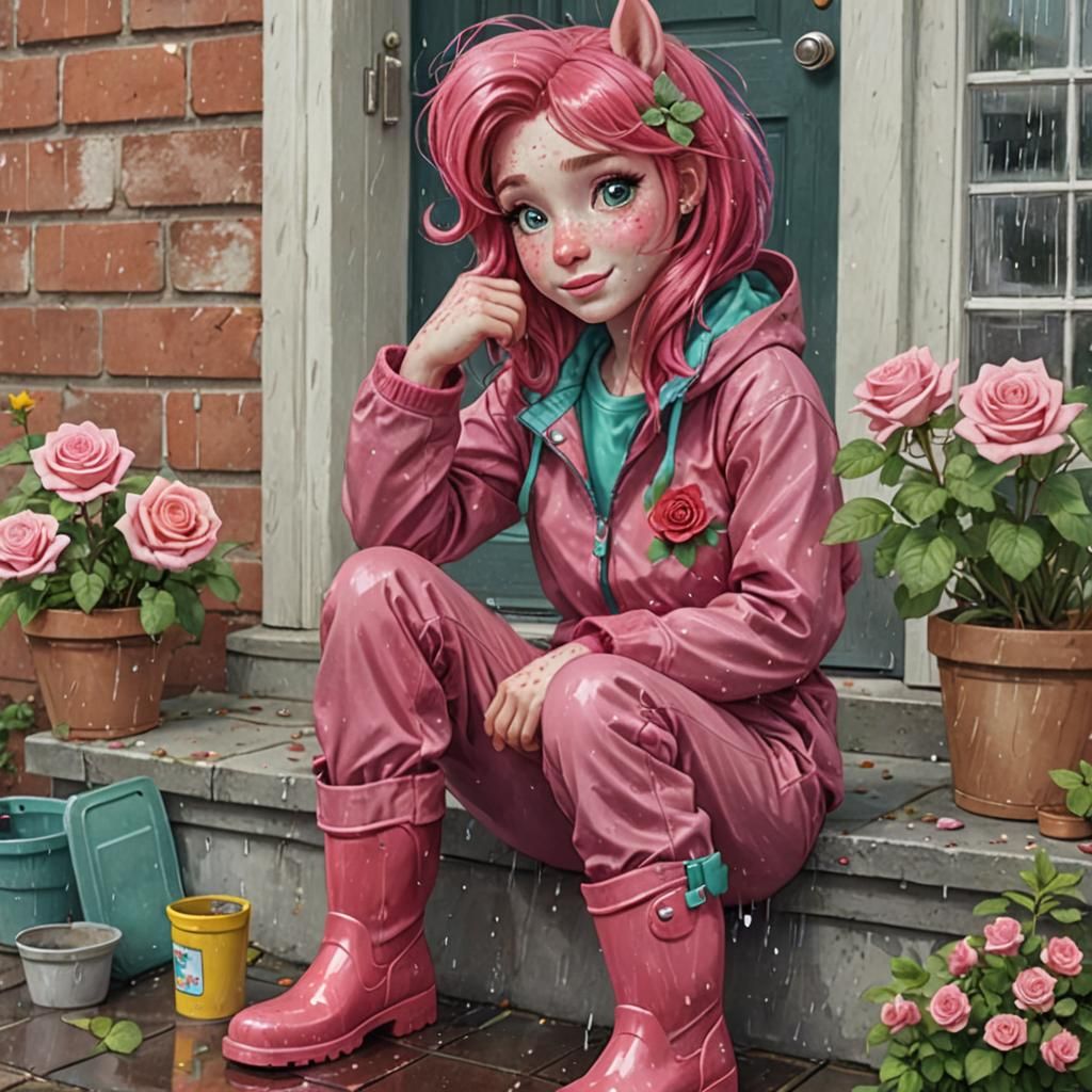 Girl with Rose Hair in Rain Suit