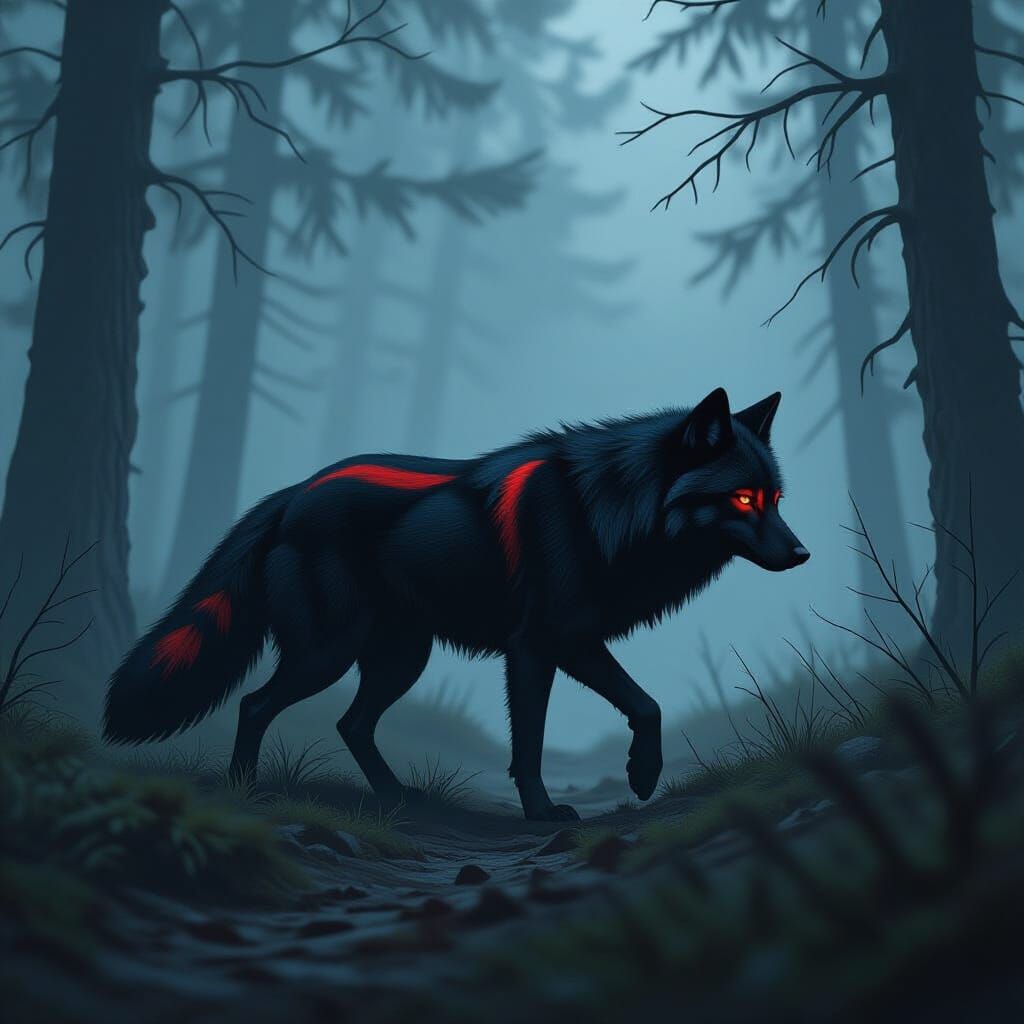 Mystical Black Wolf in Dark Forest, Digital Art