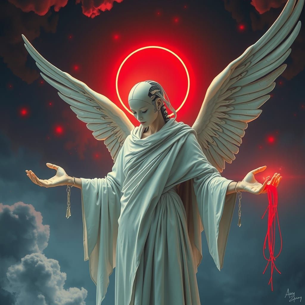 Cybernetic Angel Mourns at the Edge of Time