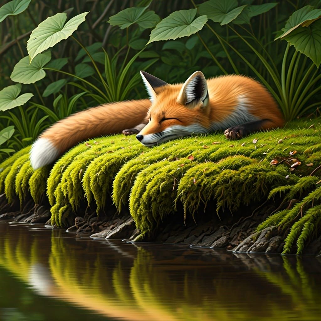 Fox Asleep by Creek in Wildlife Art Style