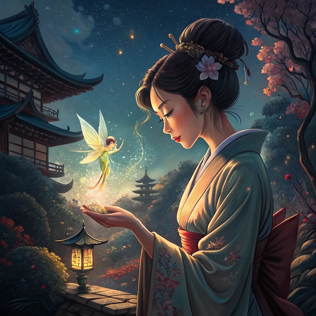 Japanese Woman Holds Tinkerbell: Fantasy Art