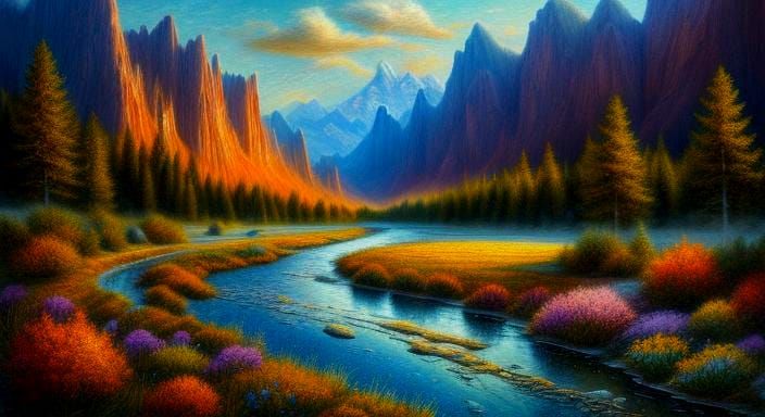 Chalk Quilted Valley Landscape with Stream