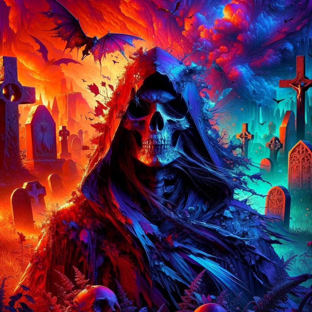 Hyperrealistic Reaper in Graveyard Concept Art