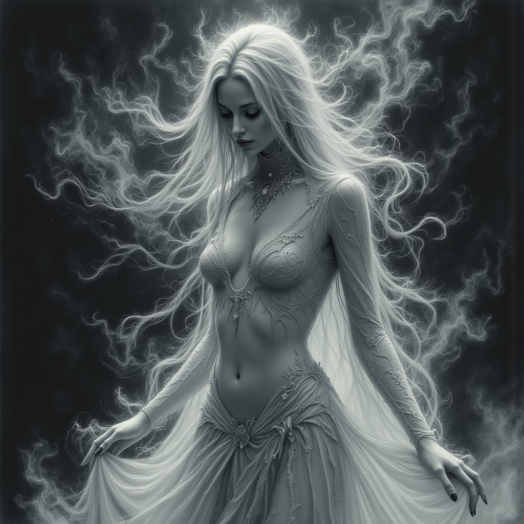 Ethereal Goddess in Spectral Castle, Pencil Drawing