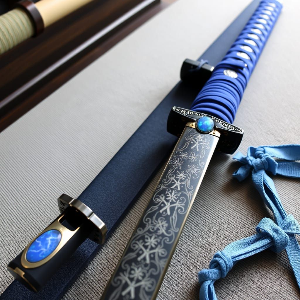 Damascus Samurai Sword with Snowflake Pattern and Opal Tsuba