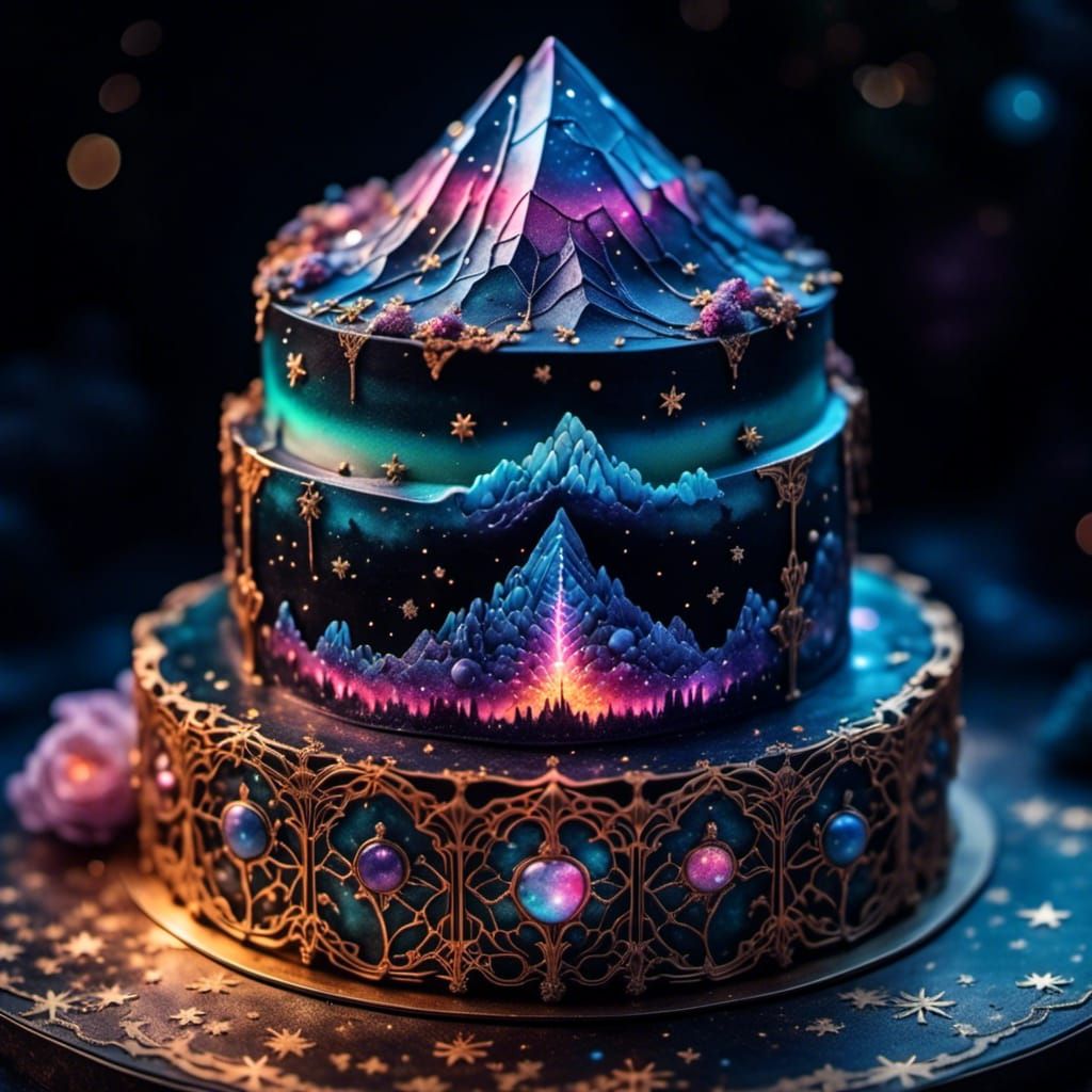 Elegant Cosmic Cake with Pearlescent Details