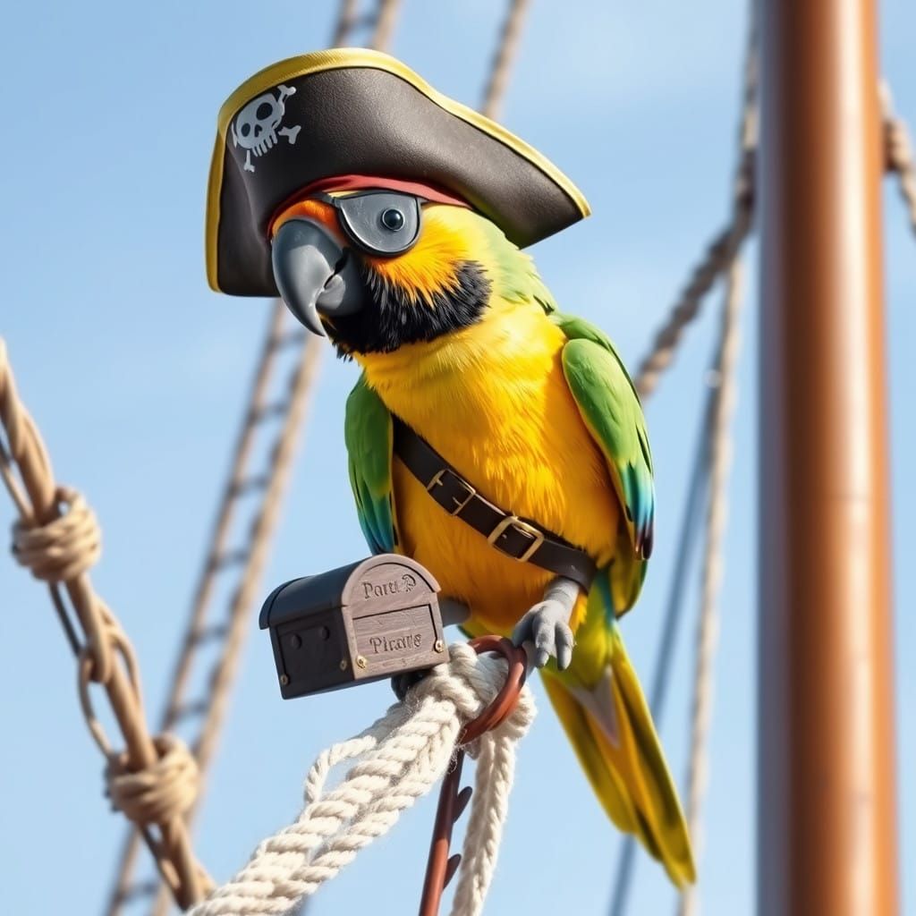 "A parrot in pirate attire, complete with an eye patch and t...