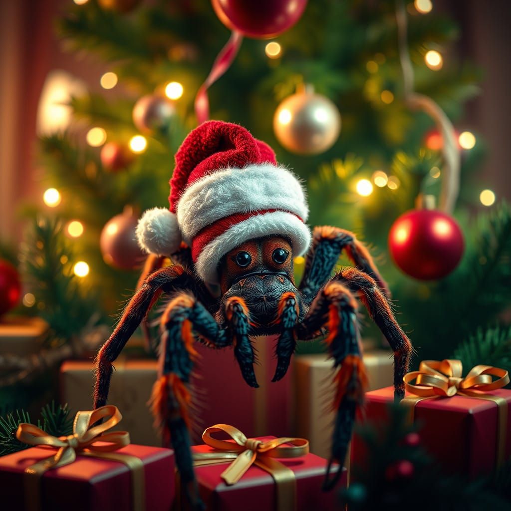 Vibrant Christmas Tarantula in Whimsical Winter Scene