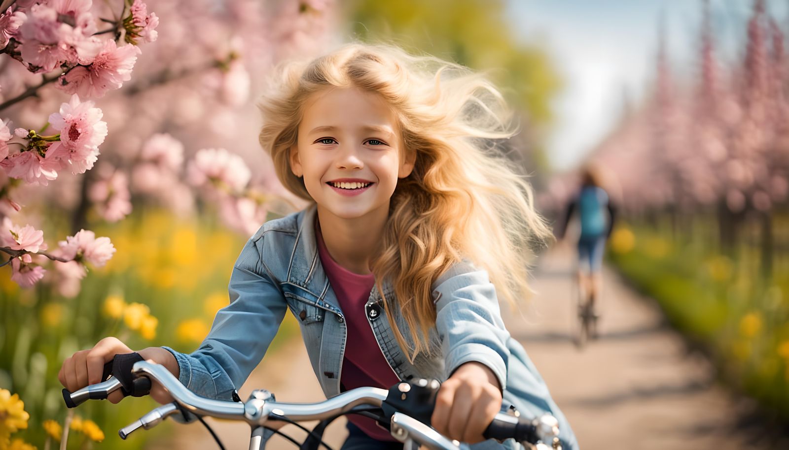 Smiling Girl on Bike in Springtime Fields