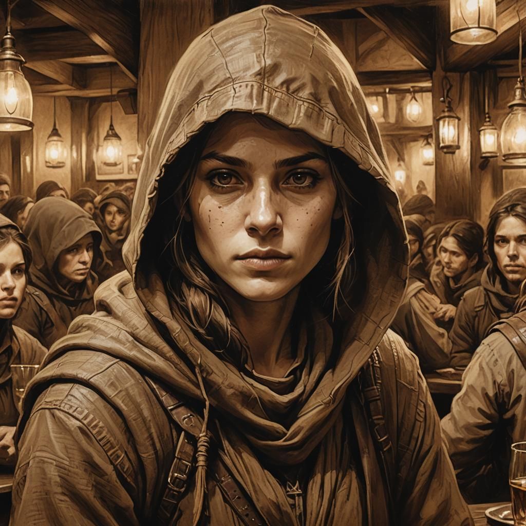 Lyrienna: Sepia Portrait of a Hooded Rogue
