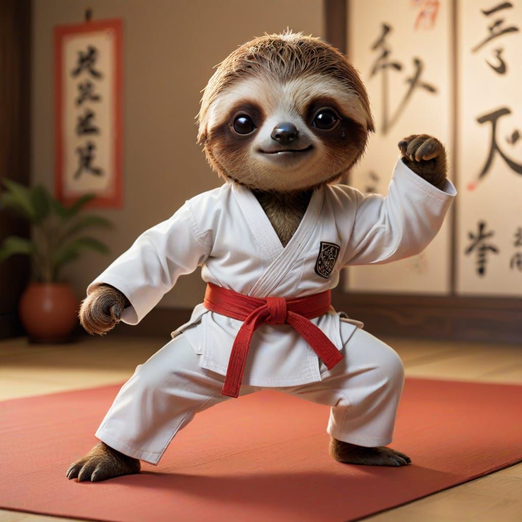 A vibrant, hand-drawn anime-style illustration showcases a chibi sloth mid-air, executing a powerful karate punch. The s...