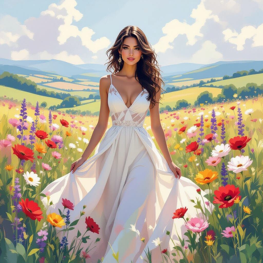 Girl Surrounded by Flowers in Watercolor Style