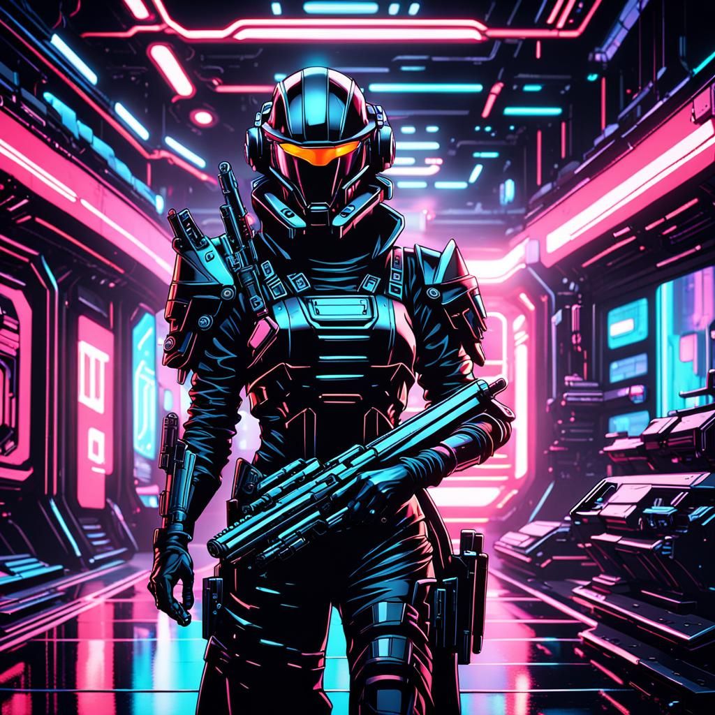 Cyberpunk Anime Female Bounty Hunter in Space