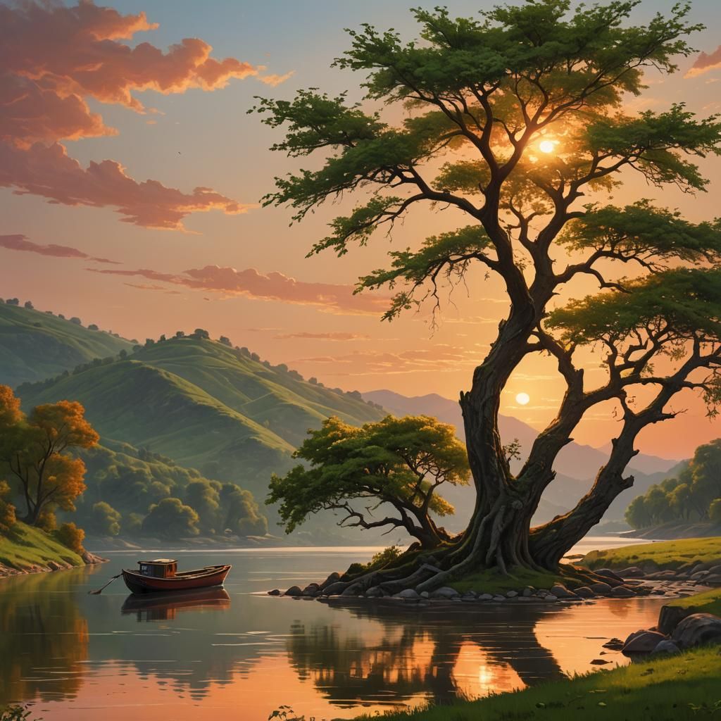 River Sunset with Solitary Tree in Oil Painting Style