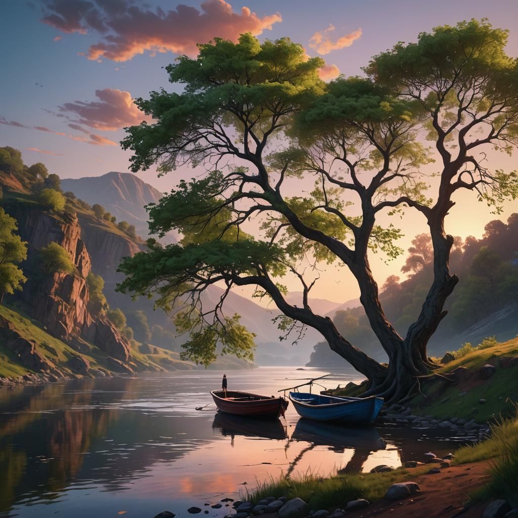 Picturesque Sunset River Landscape in Hyperrealistic Style
