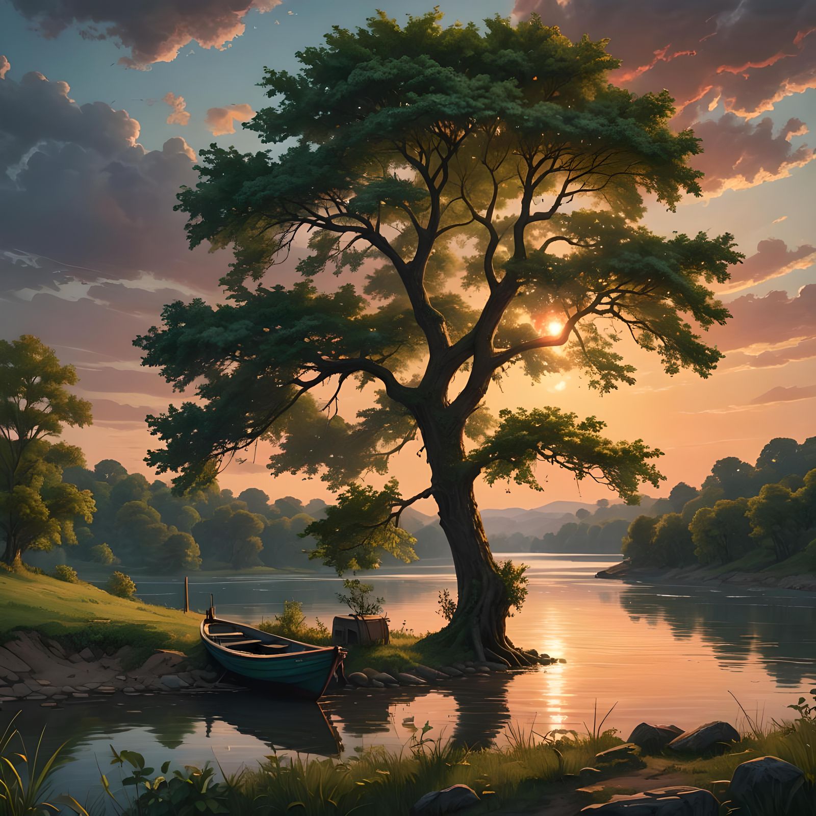 Solitary Tree by River at Sunset in Hyperrealism