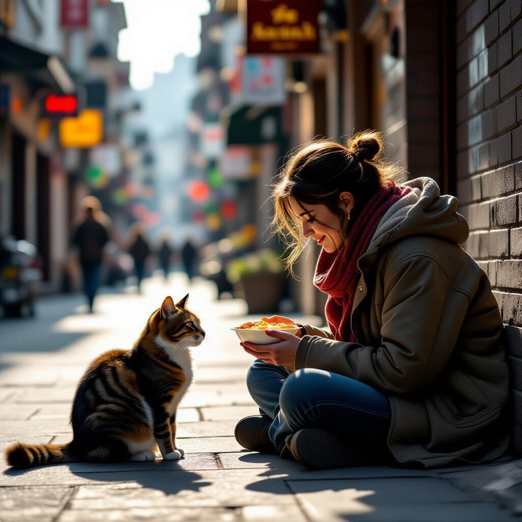 Homeless Woman Shares Meal with Cat in Anime Style