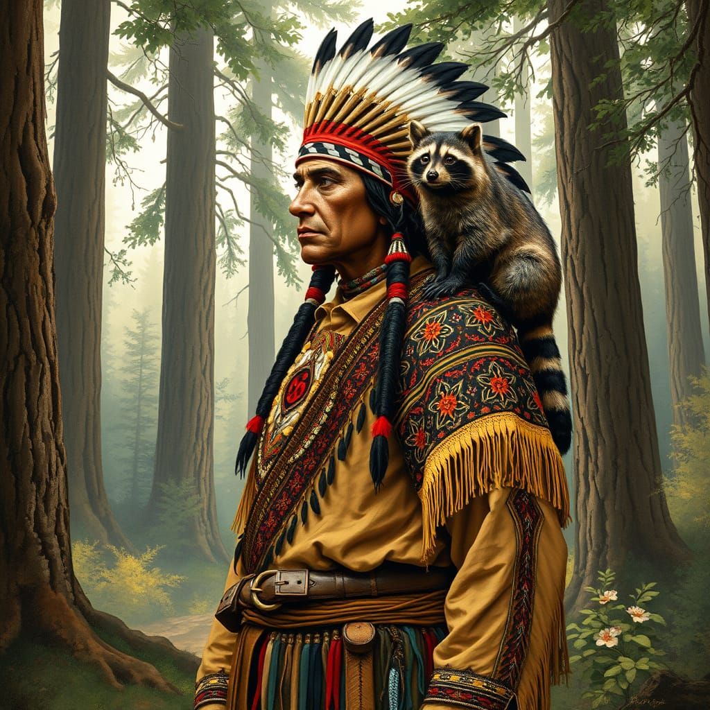 Native American in Traditional Attire with Curious Raccoon