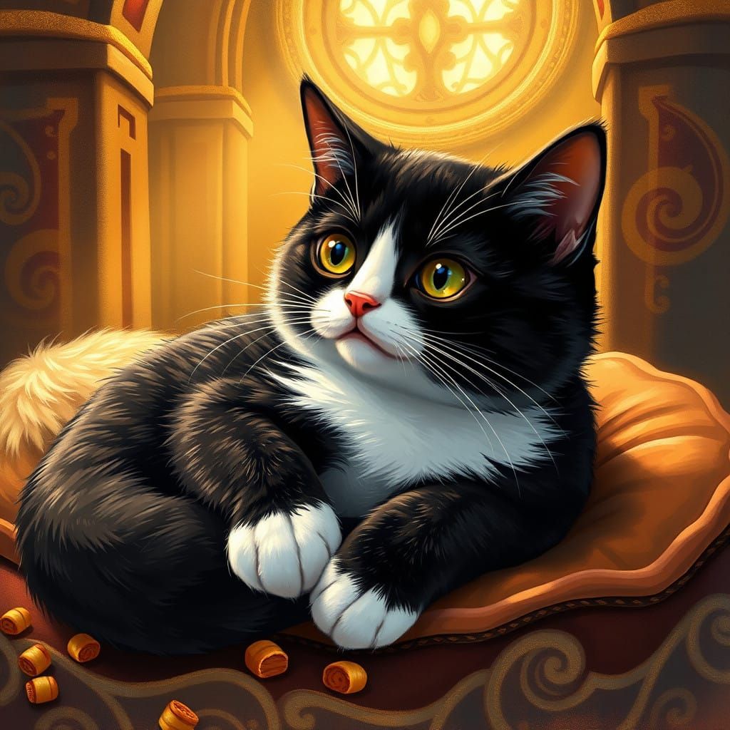 Snuggly Tuxedo Kitty in Golden Romanesque Splendor