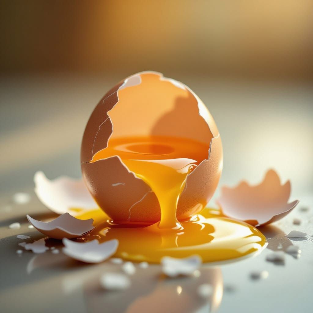Cracked Egg with Golden Yolk, Ultra-Realistic Photography