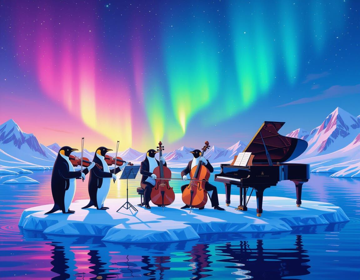 Penguin Orchestra Performing Under Aurora Australis