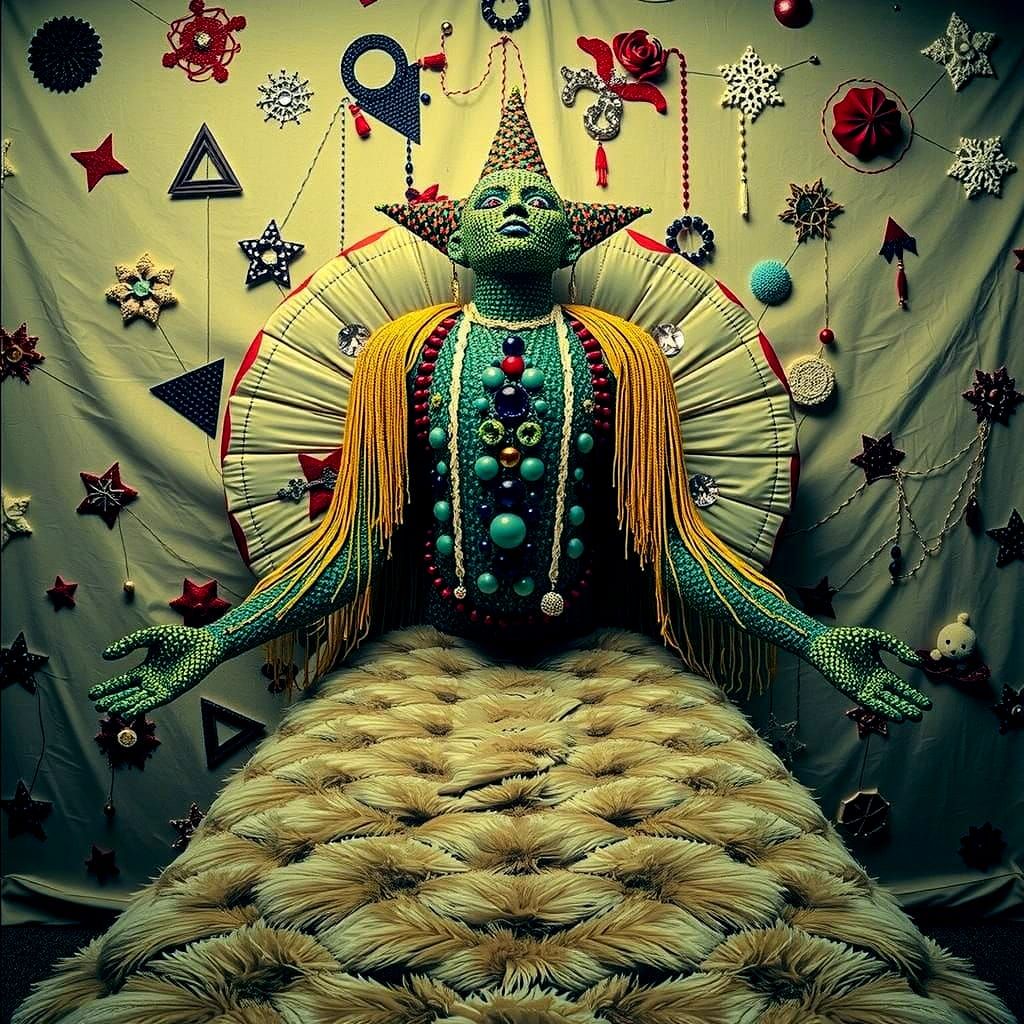 Beaded Figure Rests on Luxurious Velvet Bed