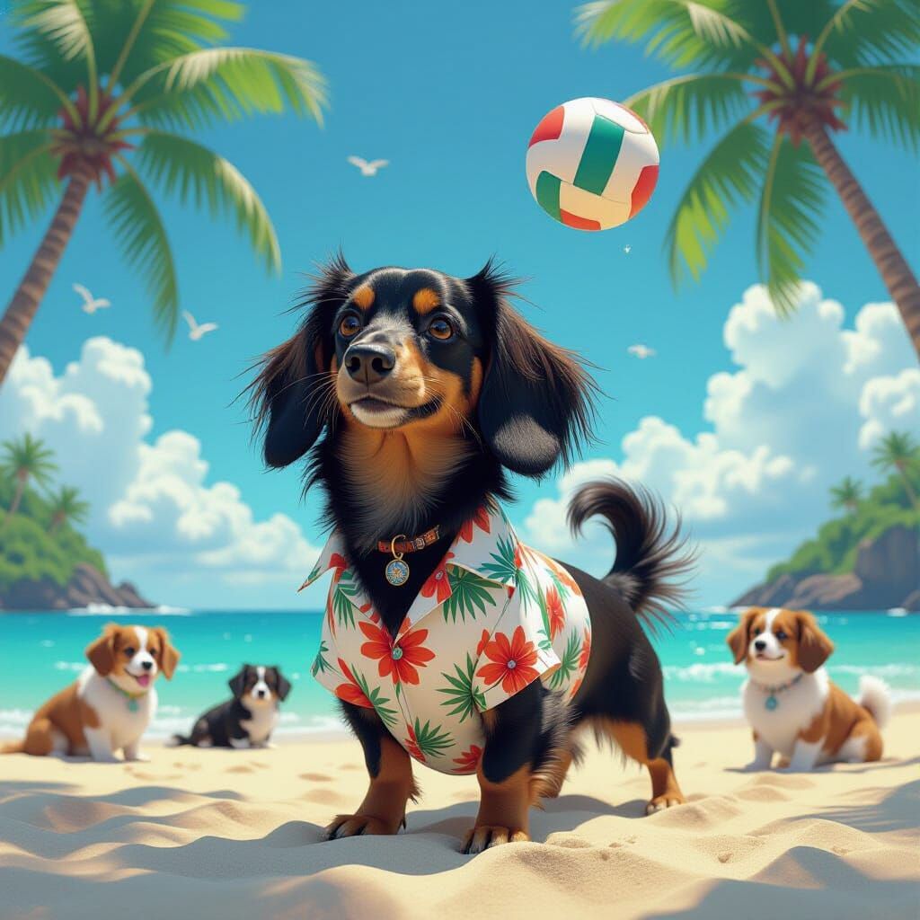 Dachshund's Beach Volleyball Game: Matte Painting Style