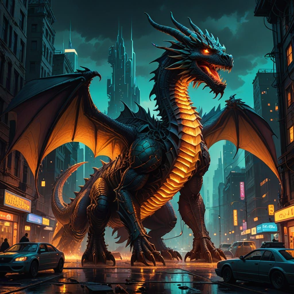 Dragon Descends on Futuristic City: Photorealistic Digital A...