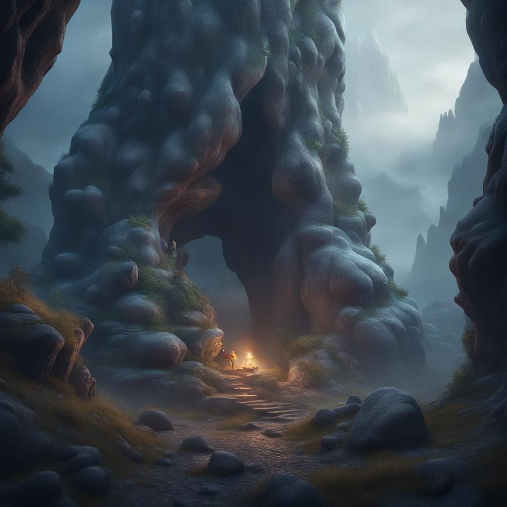 Stone Troll Emerges from Misty Mountain Cave