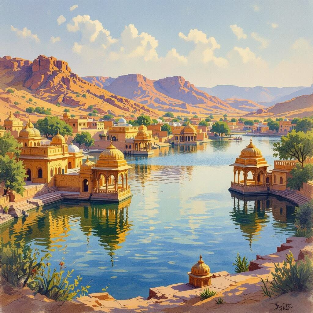 Gadisar Lake Charcoal Drawing: Vibrant Desert Landscape