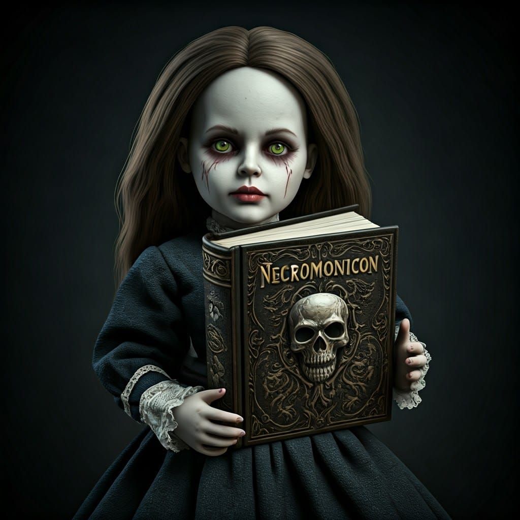 Creepy Doll Holds Necronomicon Book