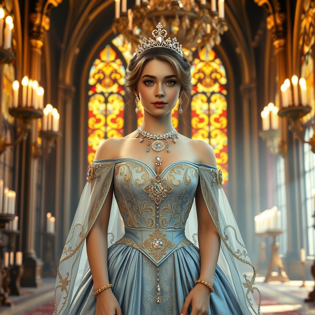 Regal Woman in Elegant Gown with Ornate Embroidery and Jewel...