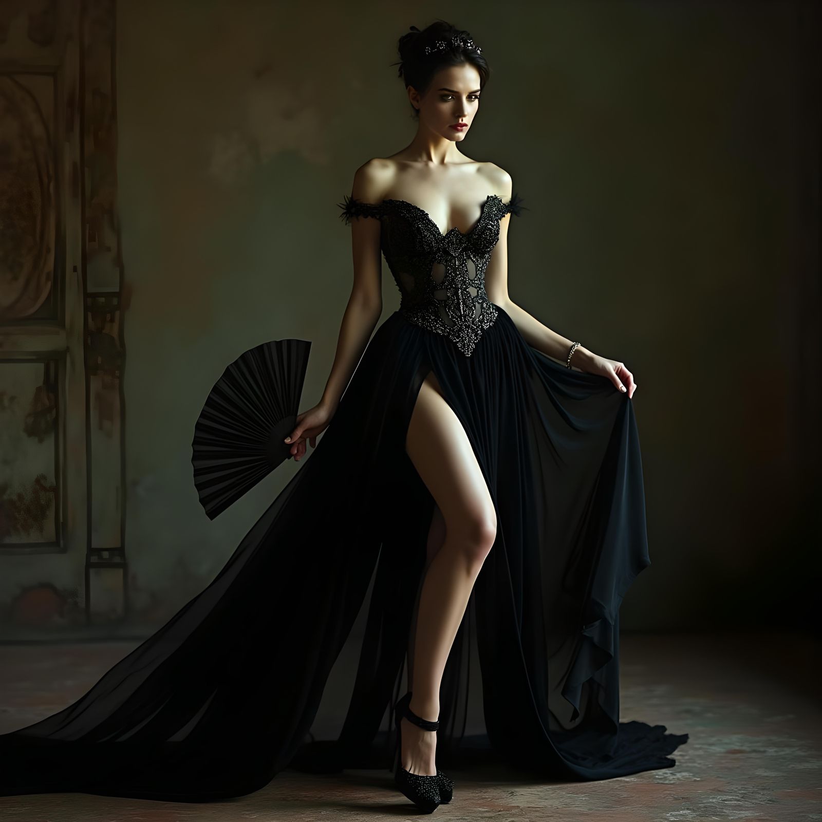 Fantasy Woman with Fan in Cinematic Style