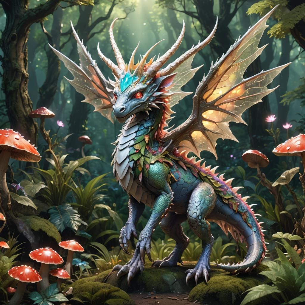 Anime Fairy Dragon in Mushroom Forest