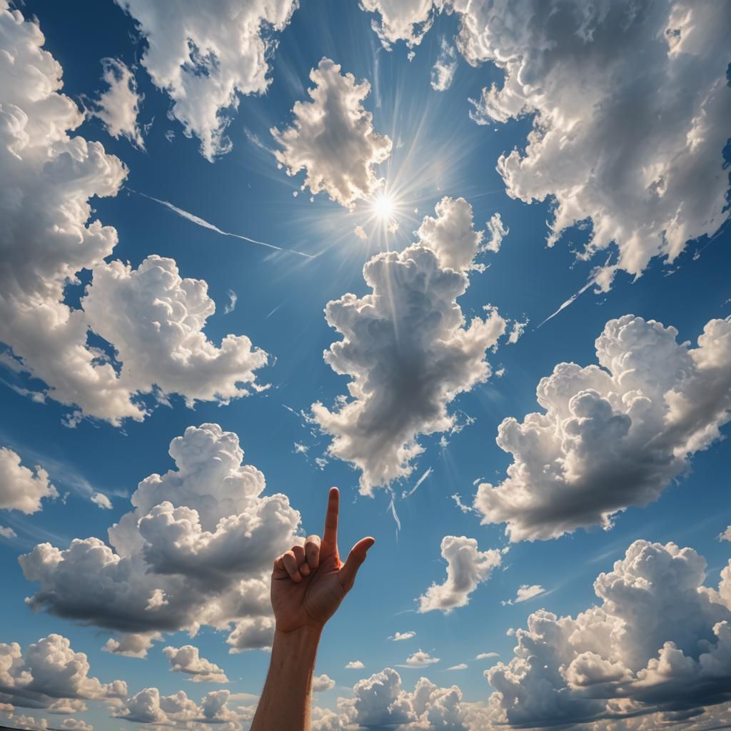 Hand Pointing to White Clouds in Blue Sky