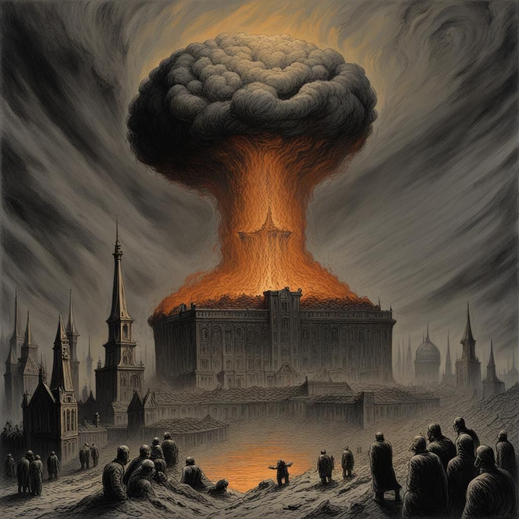 Nuclear War Horror in Engraving Style