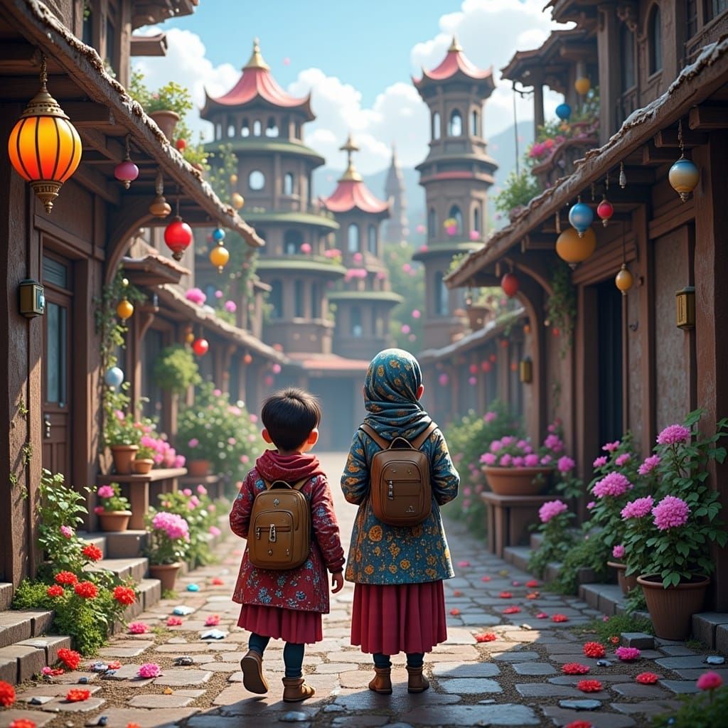 Joyful Children in Fantastical Landscape