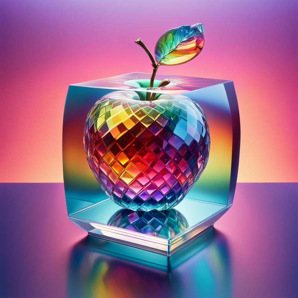 Crystal Apple in Glass Box: Hyperrealistic Concept Art