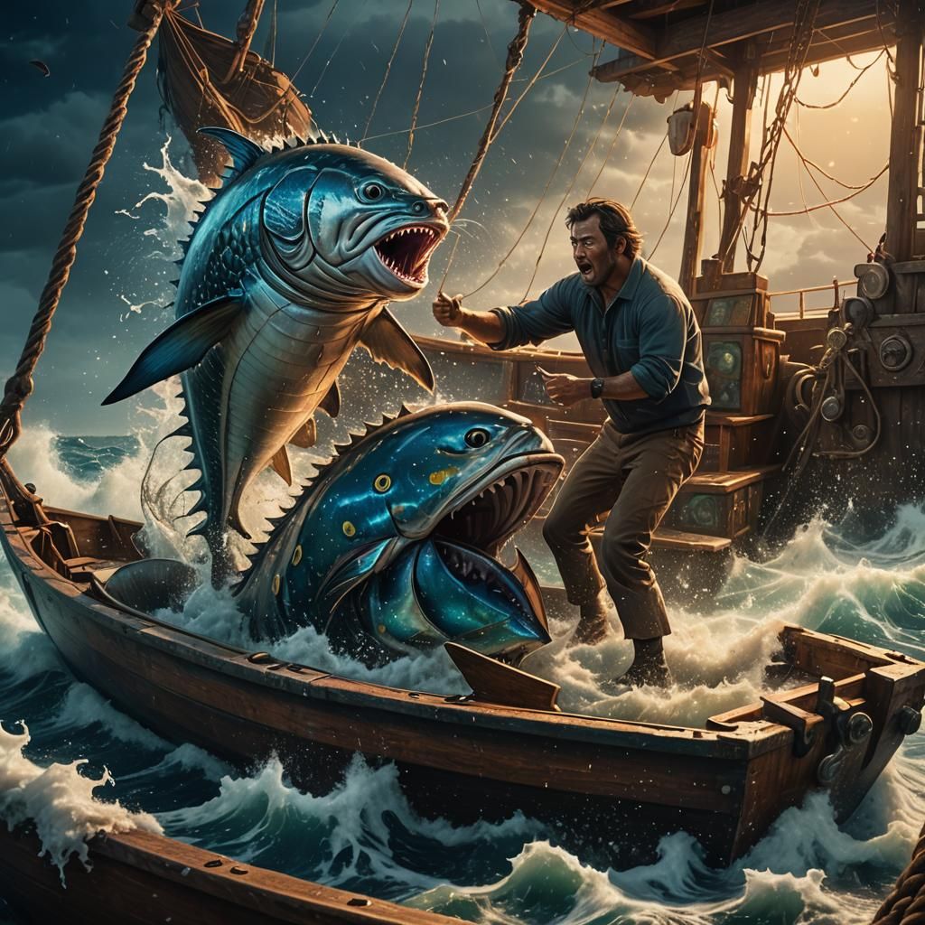 Fisherman Battles Giant Tuna in Bioluminescent Sea