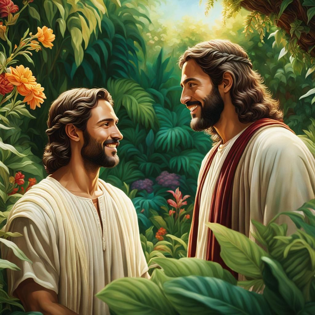 Adam and Jesus Converse in Eden: Hyper-realistic Scene