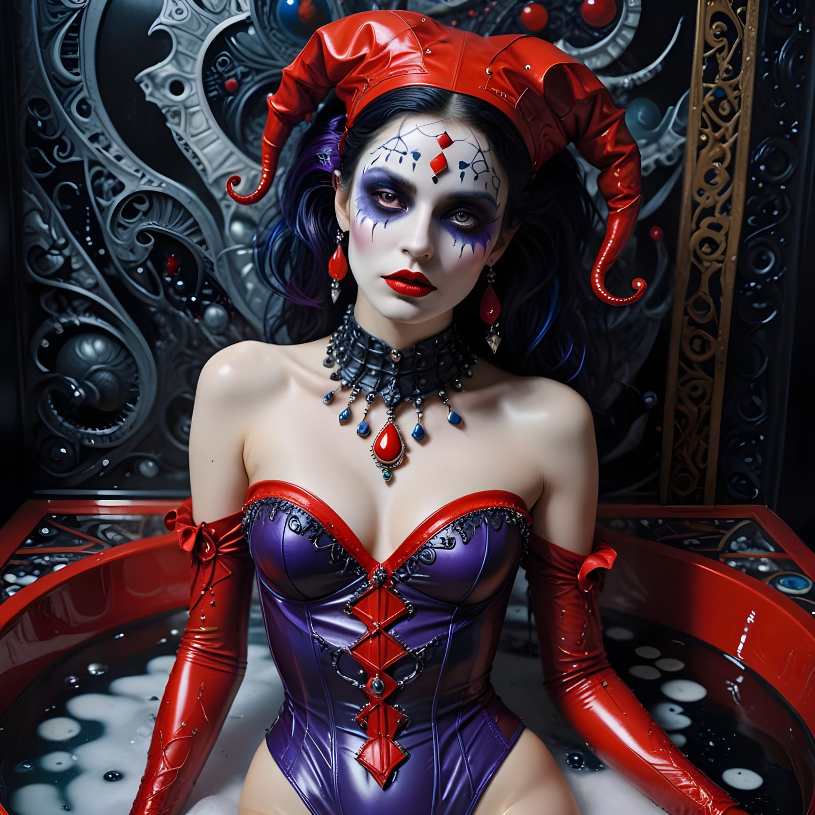 Gothic Portrait of a Pretty Arabic Female Jester in Red Late...