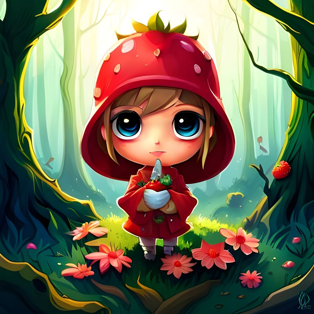 Chibi Strawberry Owl in Fantasy Mushroom Forest