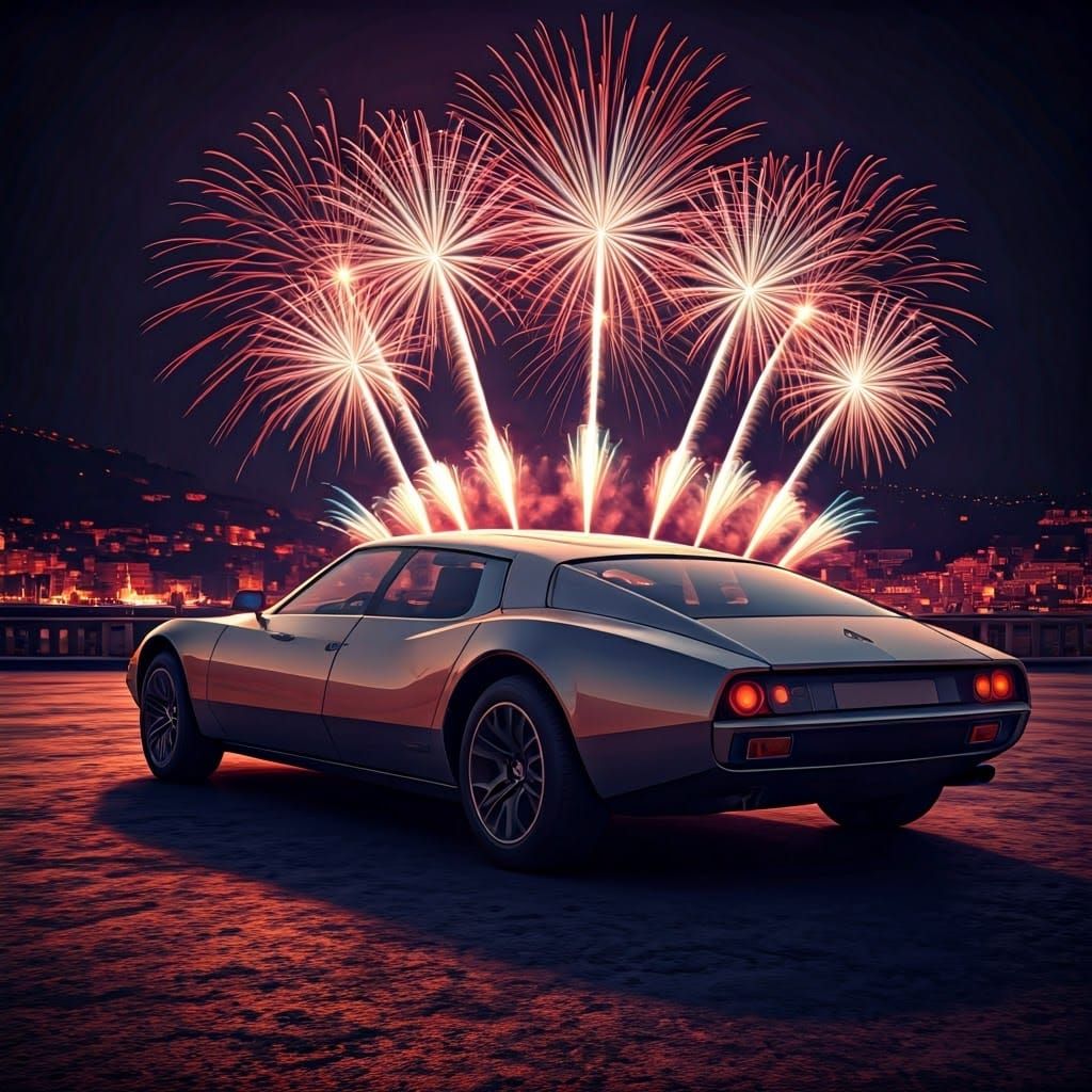 Cyberpunk Hypercar Concept Illuminated by Giant Fireworks