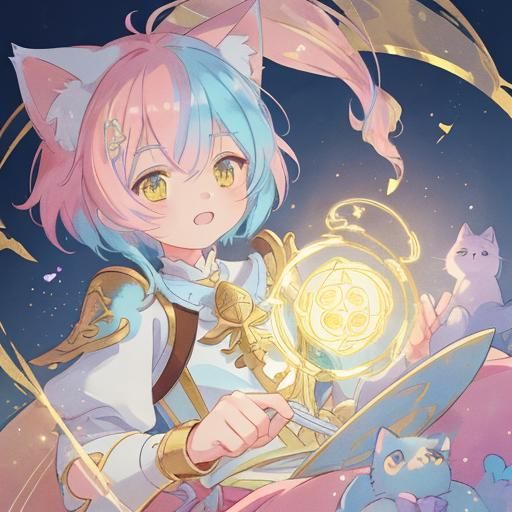 Anime Boy in Gold Armor with Cat Features