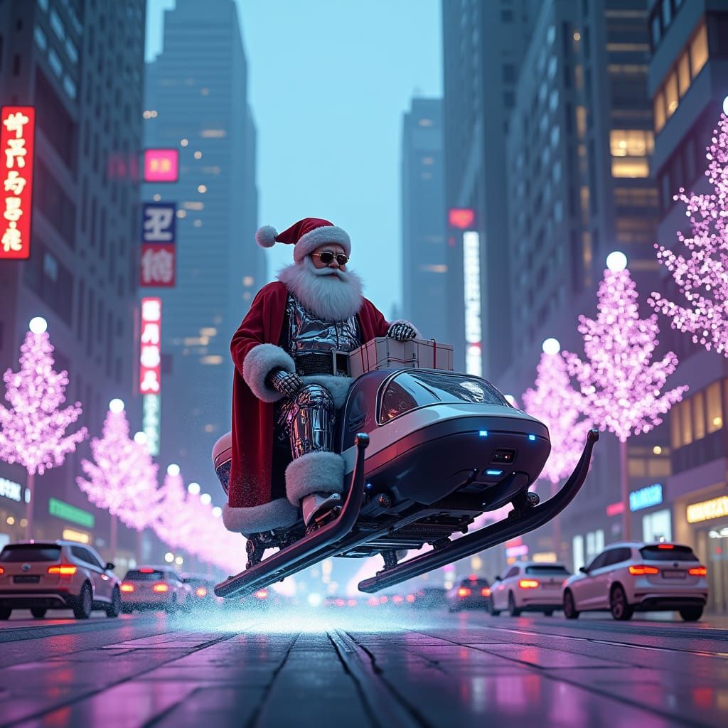 Futuristic Robotic Santa Delivers Gifts in Cyberpunk City