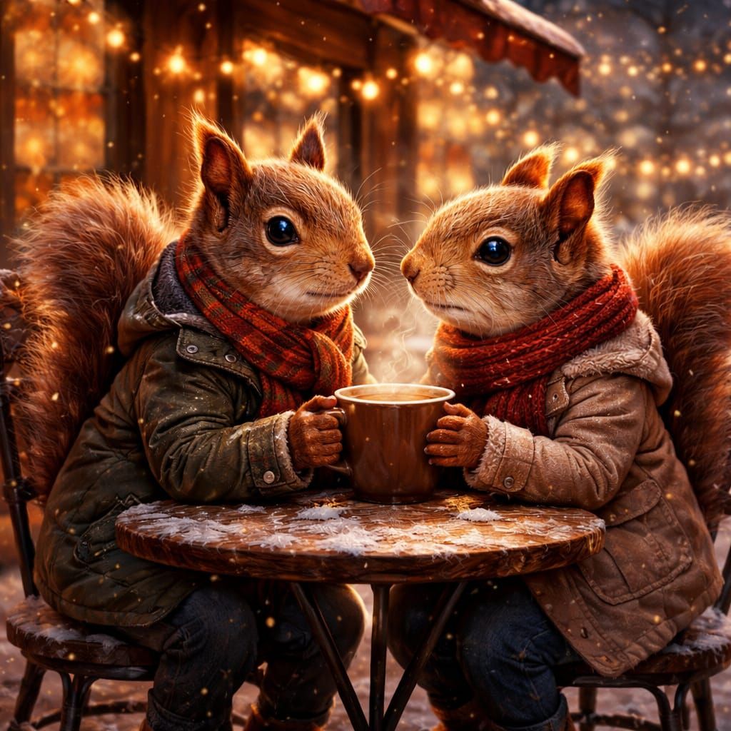 Cozy Squirrels Share Coffee in Snowy Cafe Scene