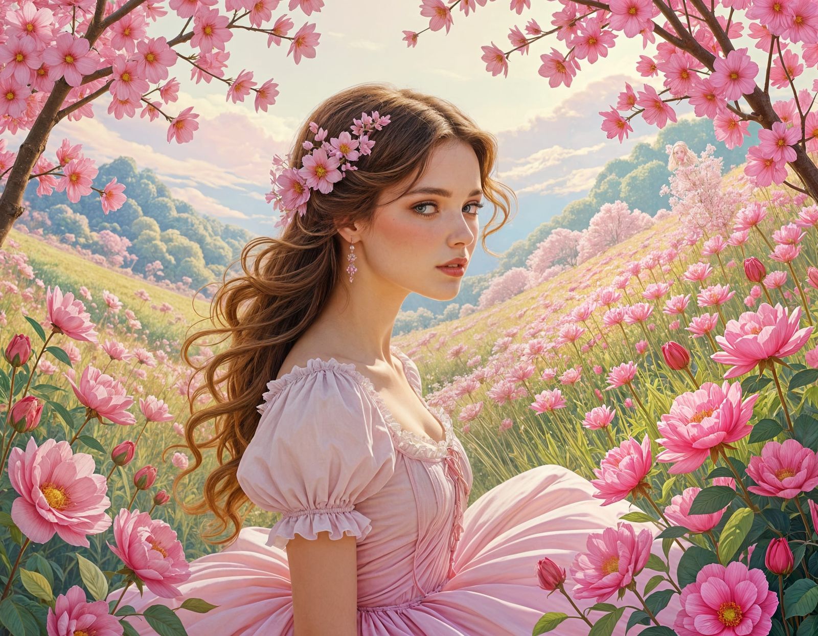Maiden in Pink Fantasy Landscape