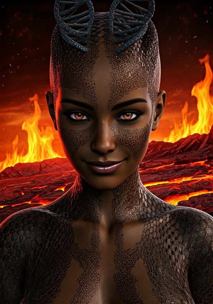 Dark-Skinned Girl with DNA Hair in Surreal Style