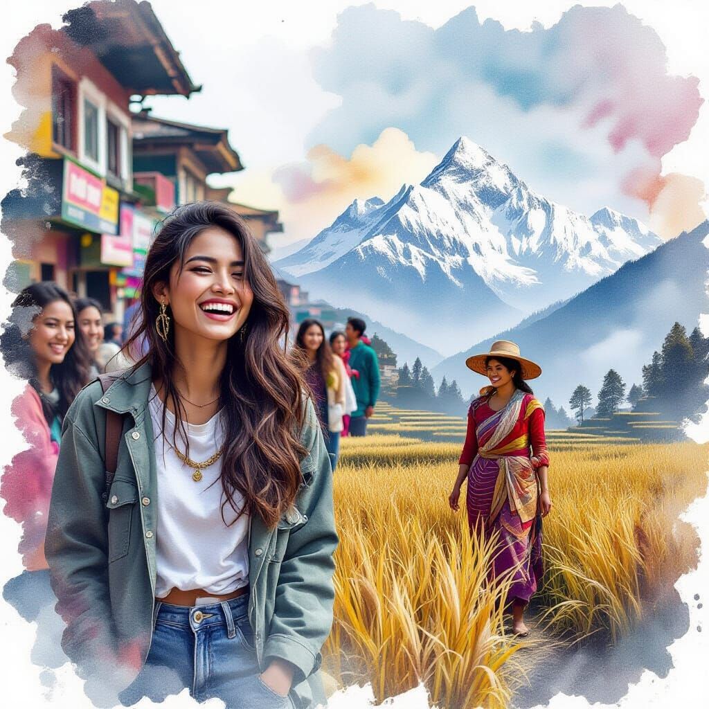 Nepalese Woman: Modern Life & Himalayan Fields Double Exposu...